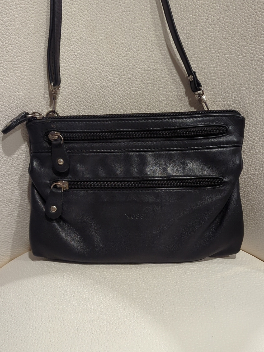Black Leather Crossbody/Belt Bag with Front Zip Pockets